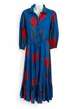 New Anthropologie Ro’s Garden Cotton Floral India Blue Red Midi Shirt Dress S